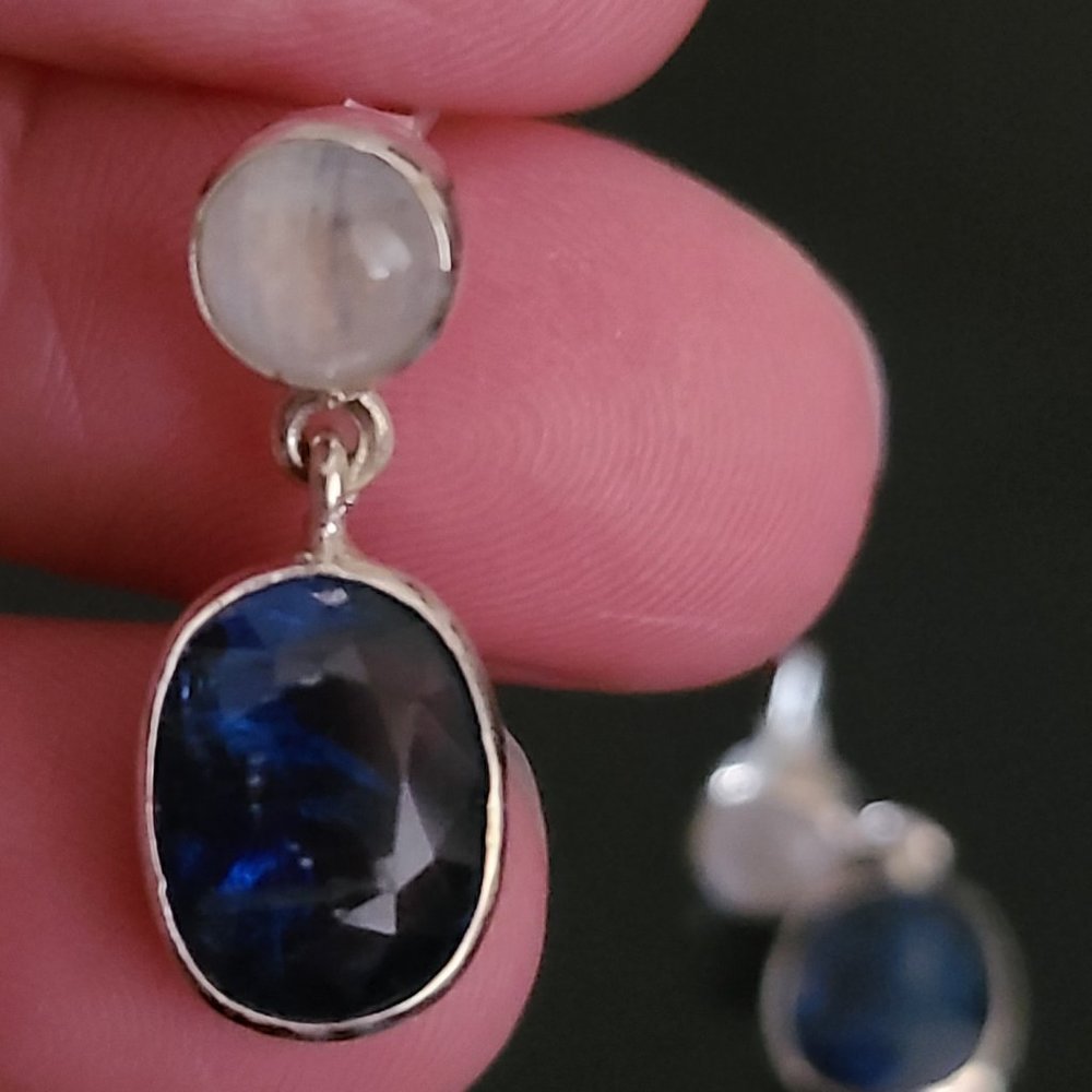 Kyanite and Moonstone Gemstone Dangle Earrings Sterling Silver - Picture 3 of 8